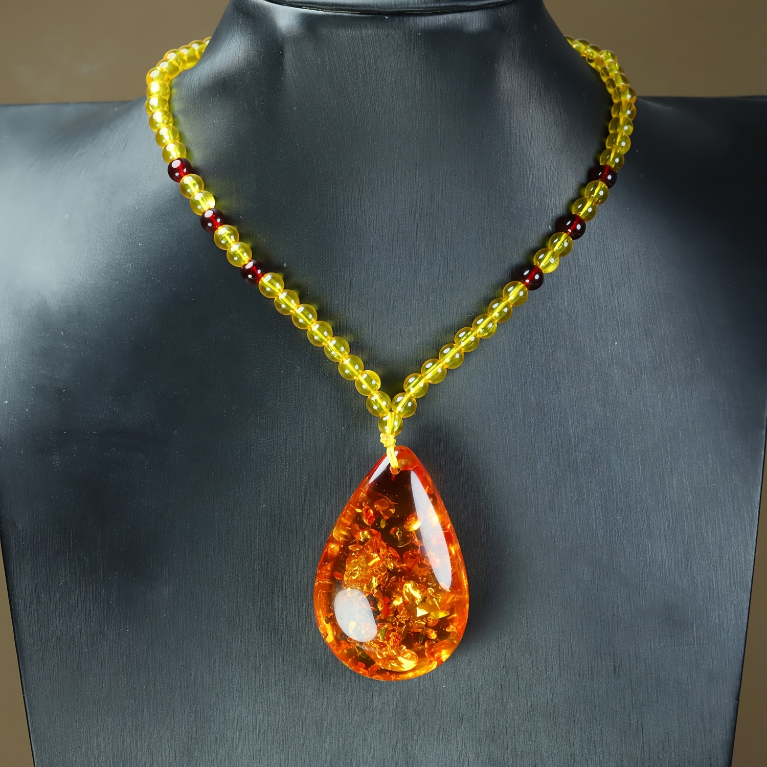 Unisex Yellow Amber Flower Drop Pendant Necklace, Elegant
